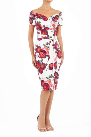 Manderley Stretch Satin Print Dress in rose print 