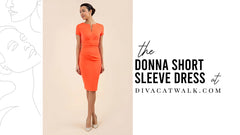 a woman model pictured wearing the Donna Short Sleeved dress in Orange with text showing the dress title.