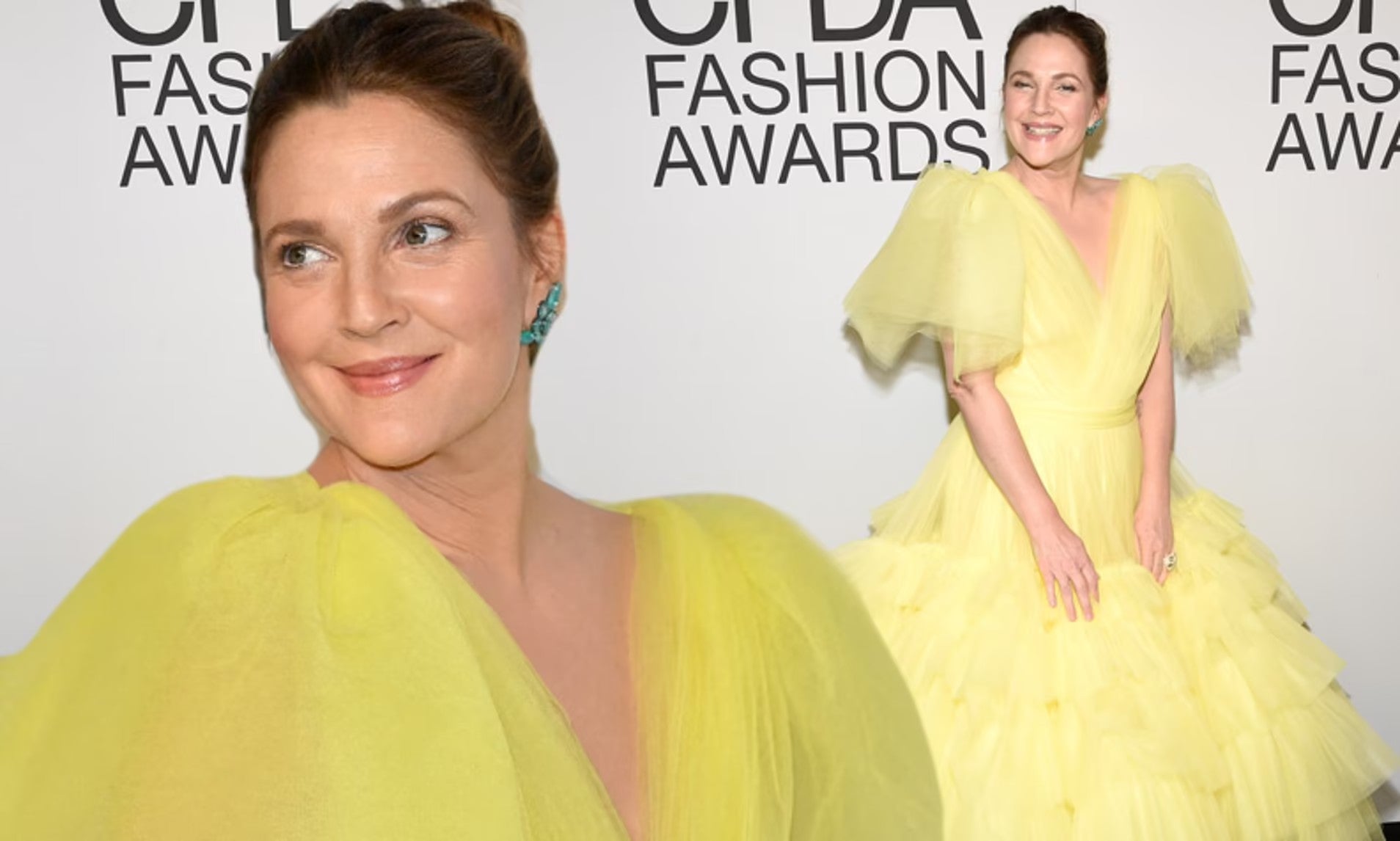 two images of Drew Barrymore combined, side by side, wearing a pouffy yellow dress at the GQ Fashion Awards.