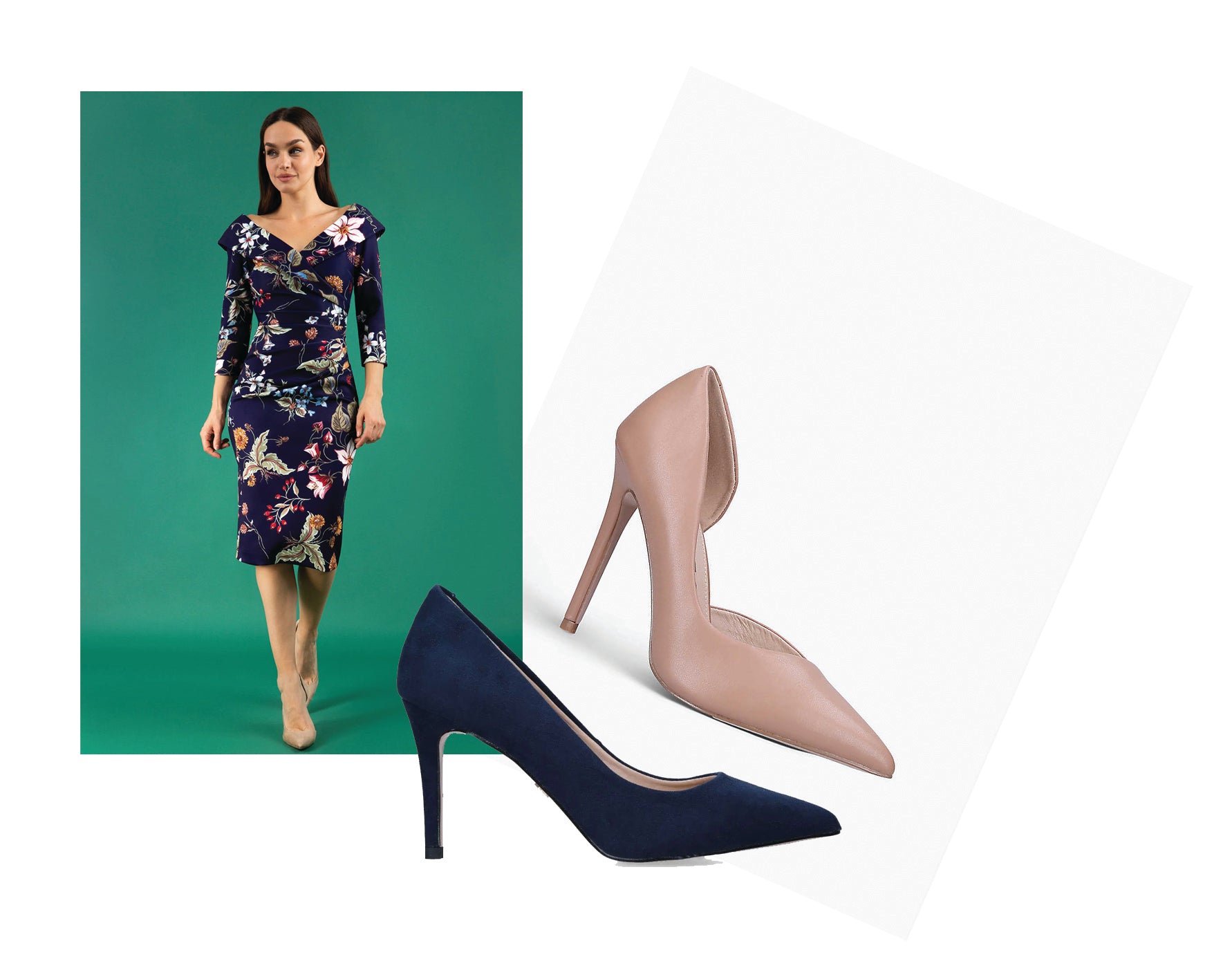 a collage of images showing the Eliza 3/4 dress from Diva Catwalk and two shoes in nude/camel and navy.