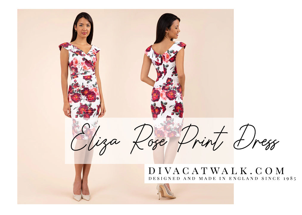 a woman model pictured wearing the Eliza Rose Print dress with text showing the dress title.