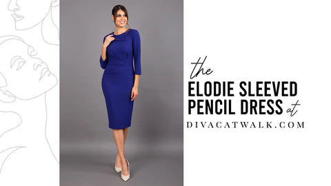 Elodie dress, in blue, with text describing the dress at the side.