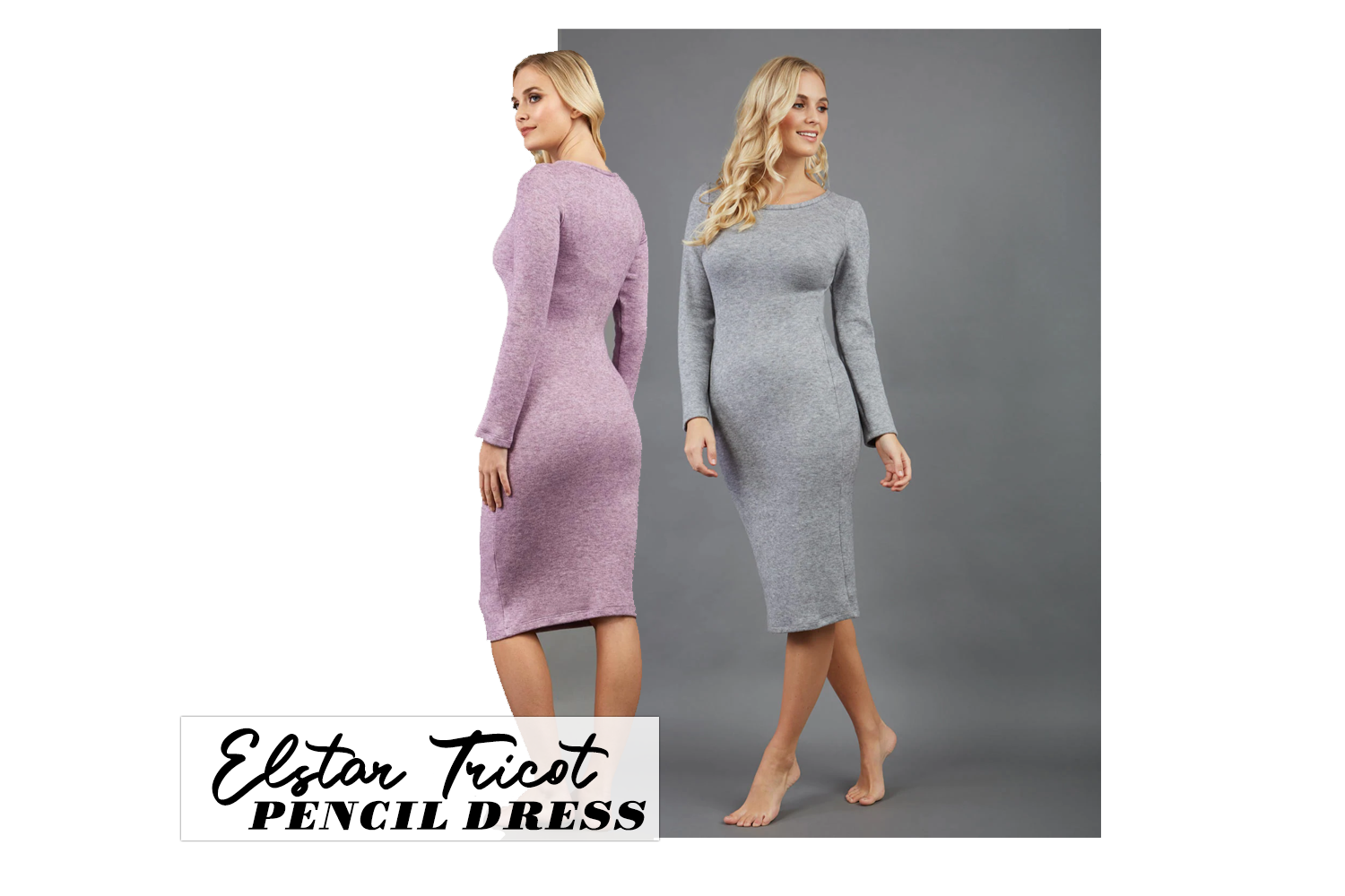 two images combined into one edit, of a model wearing the elstar dress coat in grey and lavender.