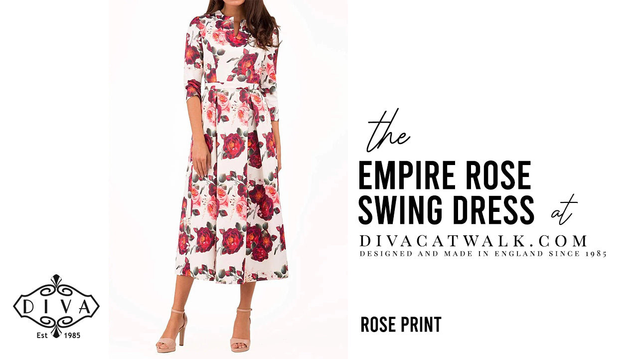  a woman model pictured wearing the Empire Rose Swing dress with text showing the dress title.