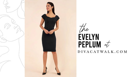 
a woman pictured wearing the 'evelyn peplum' design from divacatwalk.com, with text around her showcasing what the product is called.