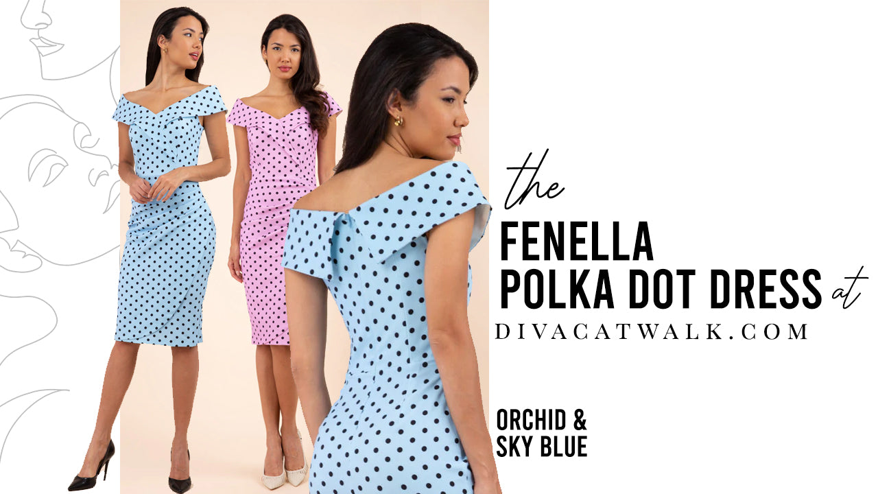 models pictured wearing the Polka Dot Fenella pencil dresses from Diva Catwalk.