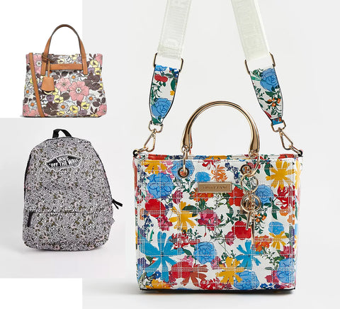 a collage of three floral bags, including Vans, River Island and ASOS.