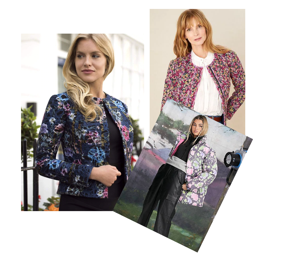 a collage of floral jackets including the Diva Catwalk Fresno jacket, NEXT floral coat and ASOS floral puffed coat.
