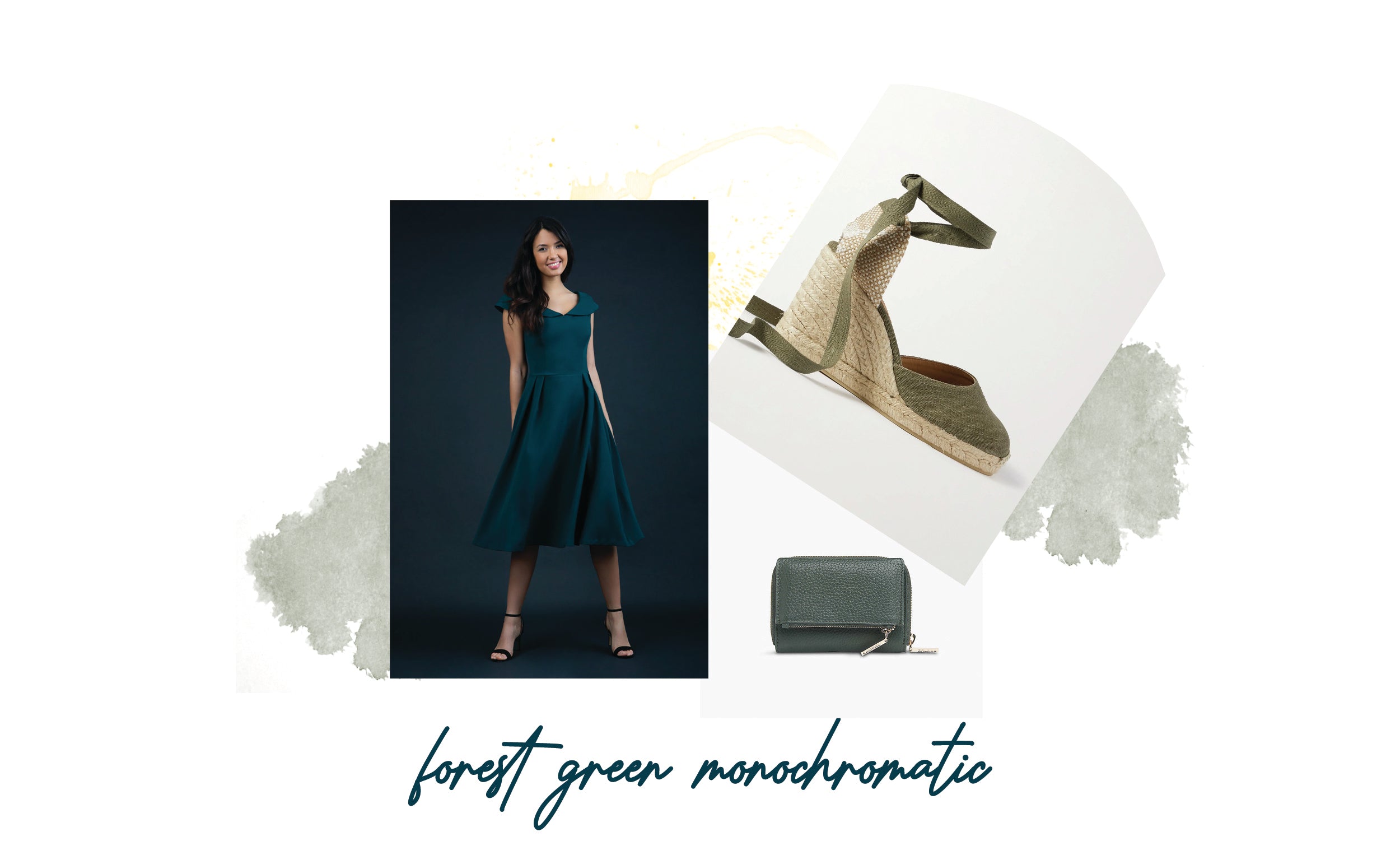 a detailed collage image showing a pair of sandals, a small hand/clutch bag and a divacatwalk swing dress - all in different shades of forest green.