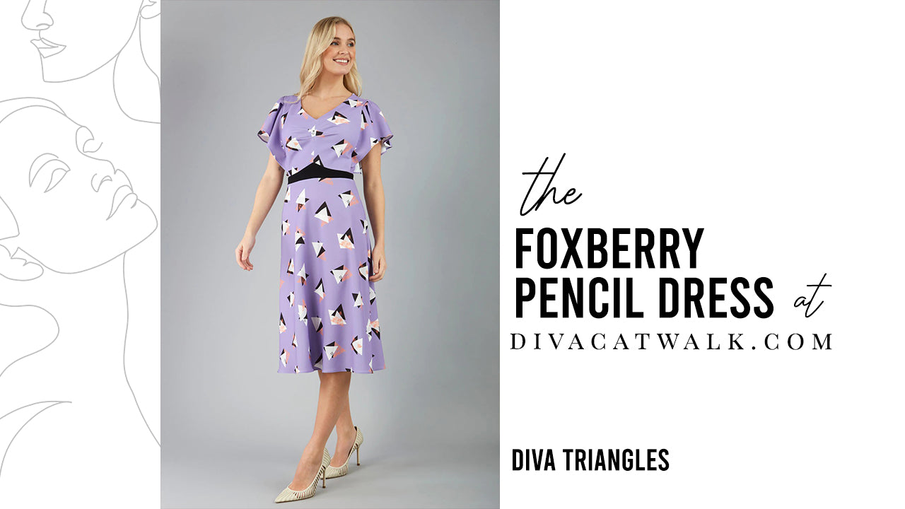  a woman model pictured wearing the Foxberry Pencil dress with text showing the dress title.