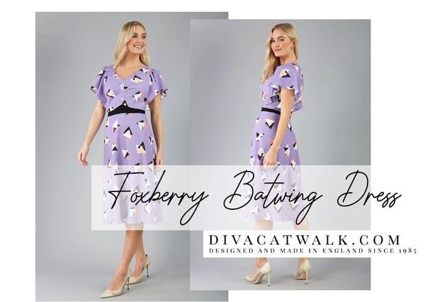   a woman model pictured wearing the foxberry batwing dress with text showing the dress title.