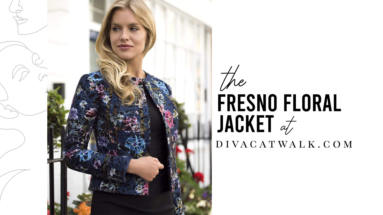 A model pictured wearing the Fresno Floral Jacket from DivaCatwalk.