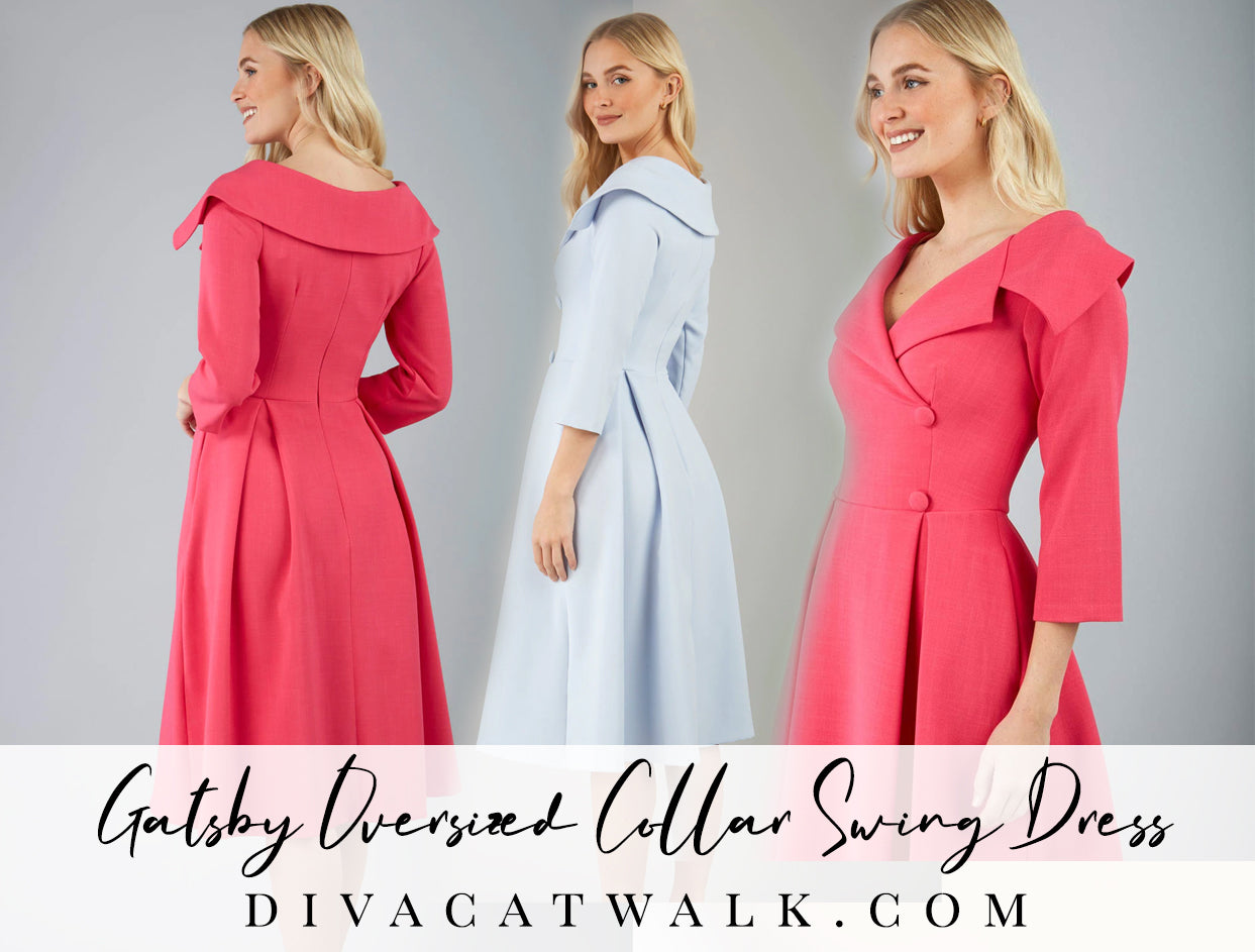 model images combined showcasing the wearing of the Gatsby Oversized Collar Swing Dress and the text describing its name.