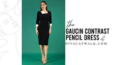 The Gaucin dress, in black, with text describing the dress at the side.