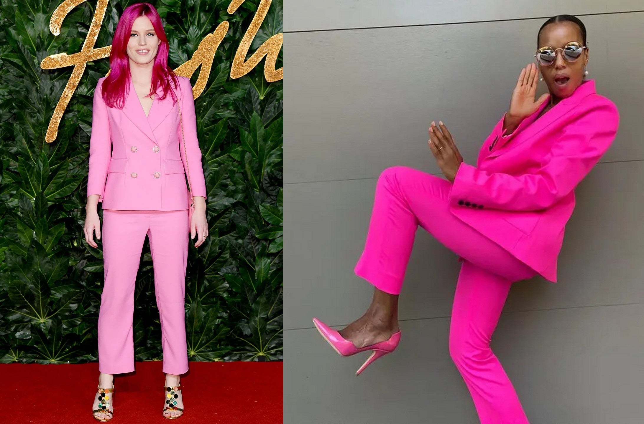 Georgia May Jagger and Kerry Washington wearing their choice of pink suit.