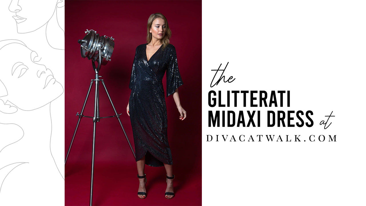 a woman pictured wearing the glitterati midaxi dress from diva catwalk.