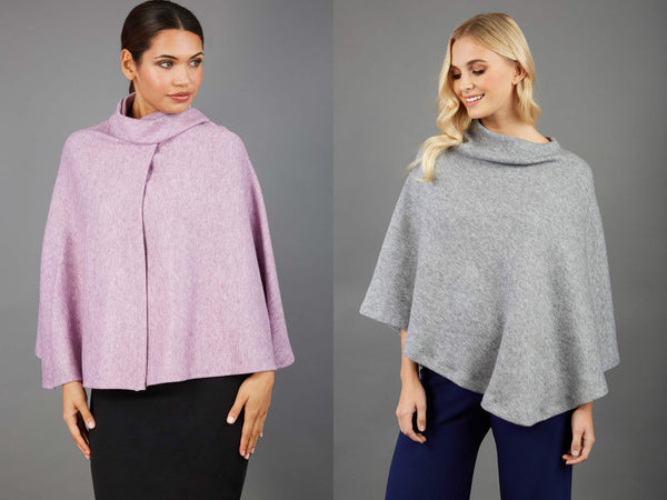 two website images showing each model wearing the Hampstead Cape and Rosalia Poncho.