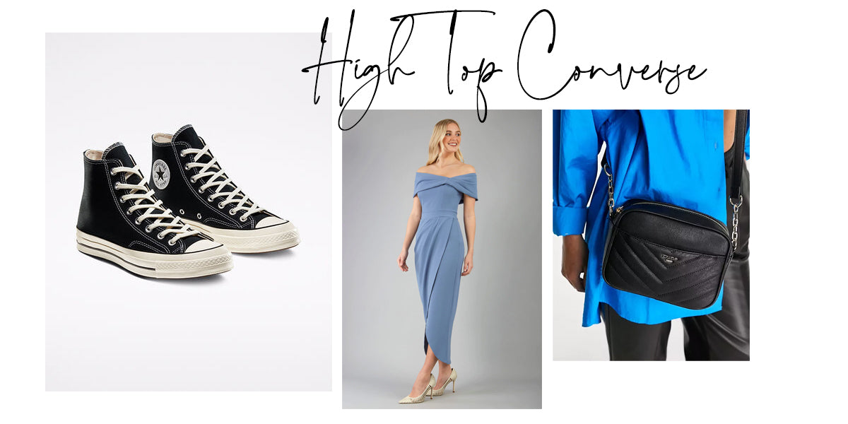 various images of items to be worn to achieve a high-top converse look, including black vintage Converse and black bag.