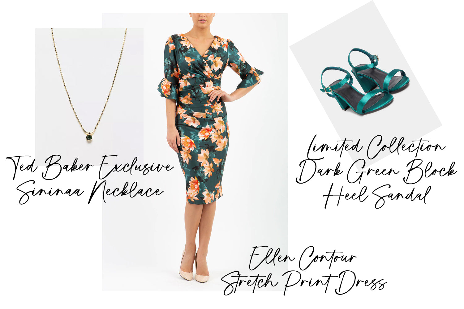 a range of images blended together to show the Ellen Contour Pencil dress, a pair of stiletto shoes and a green pendant necklace - all with text stating each item.