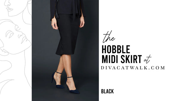 a woman model pictured wearing the Hobble Midi Skirt in Black with text showing the dress title.