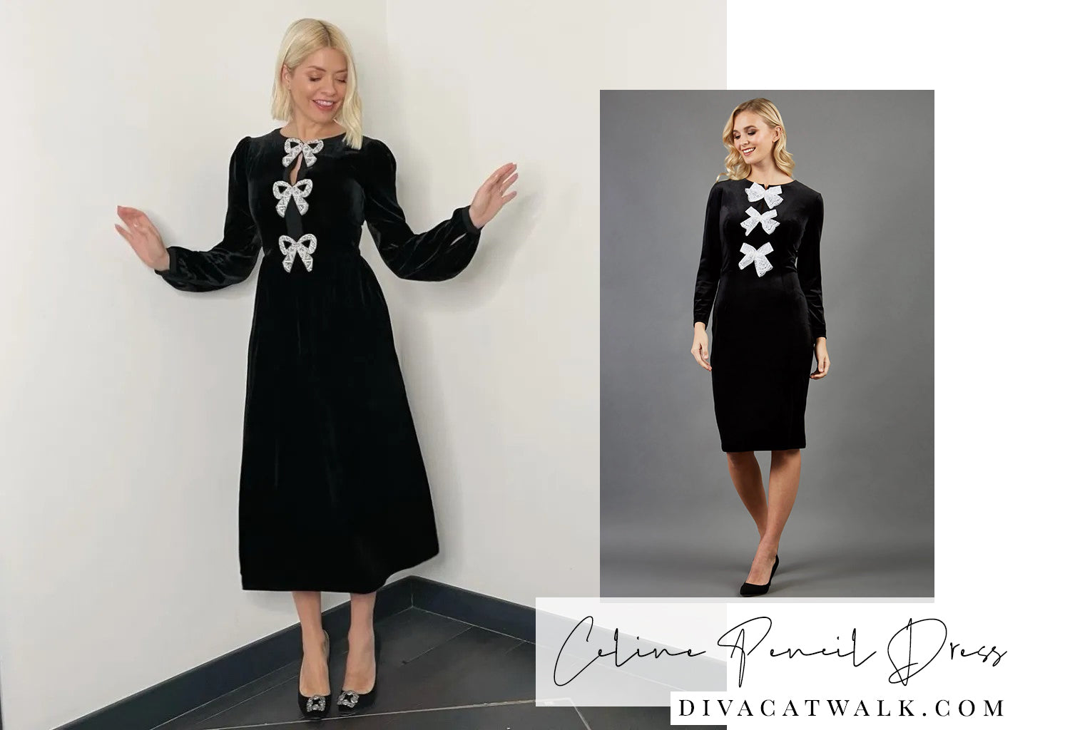 holly willoughby pictured wearing a black dress with bows, with an image beside it of our very own Celine Pencil Dress