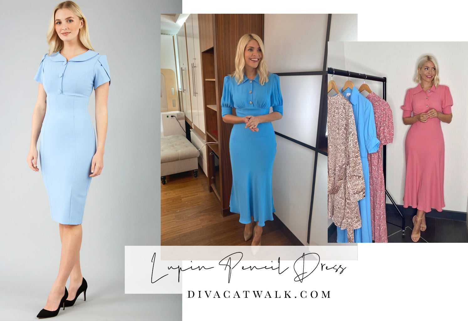  holly willoughby pictured in an blue dress, with an attached image of a similar dress available, called Lupin, from Diva Catwalk.