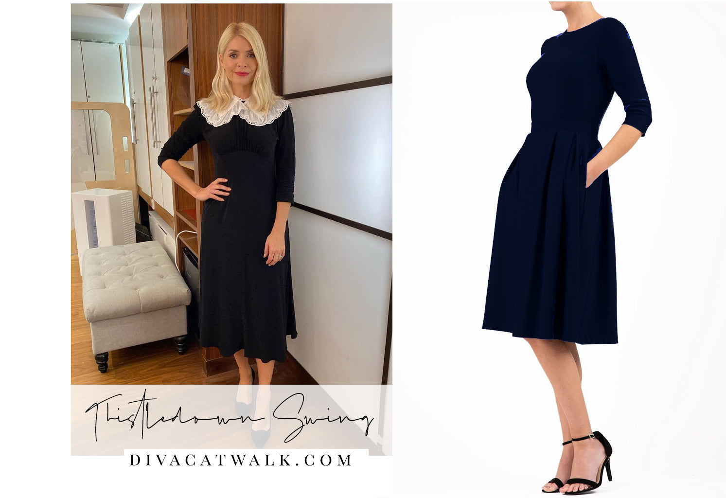  holly willoughby pictured in an black dress with white collar, with an attached image of a similar dress available from Diva Catwalk.