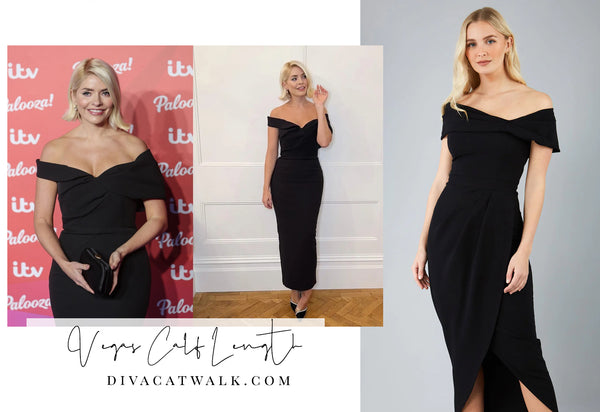 holly willoughby pictured in an off shoulder black dress, with an attached image of a similar dress available called Vegas Calf Length from Diva Catwalk.