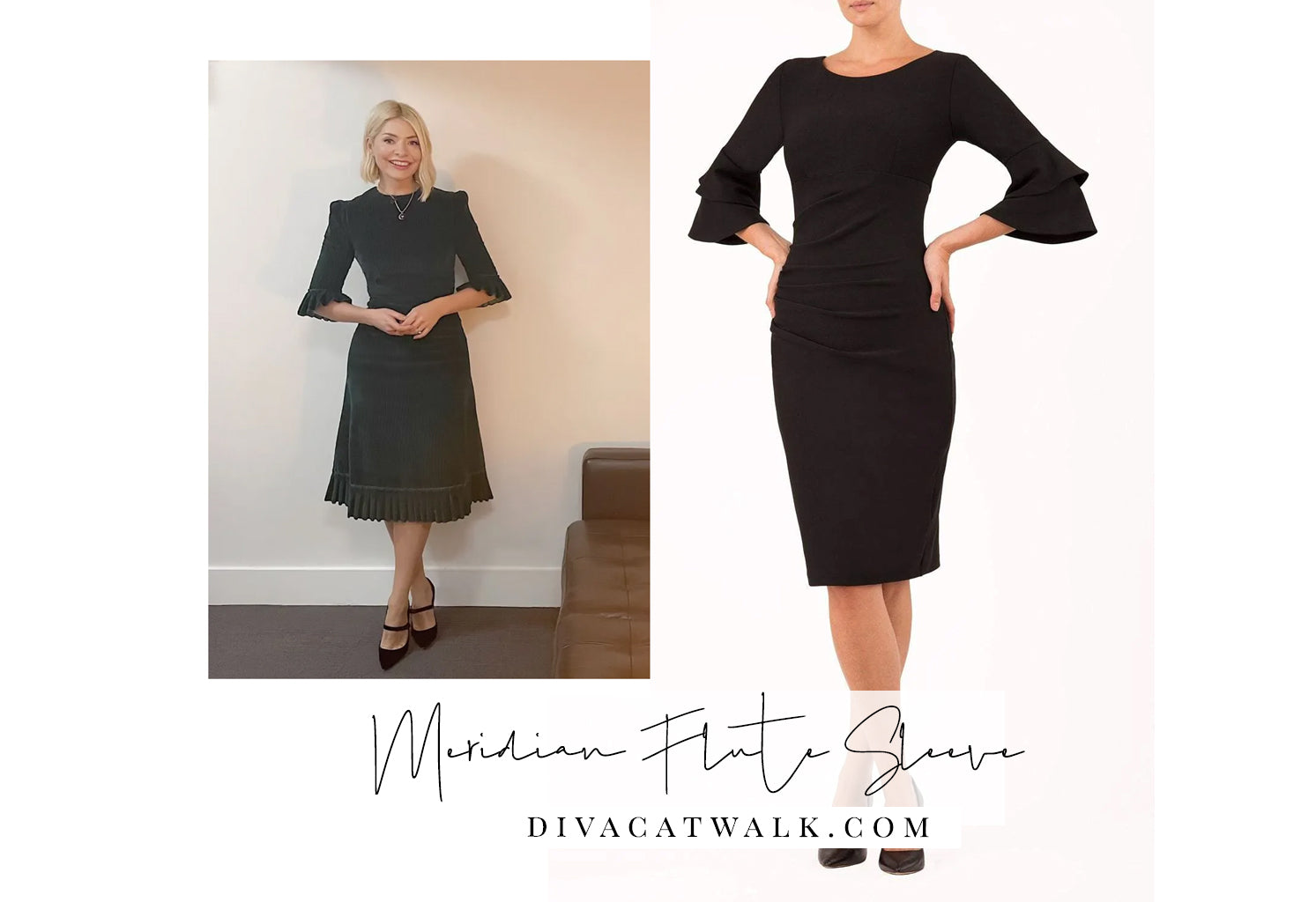  holly willoughby pictured in an black dress with flute sleeves, with an attached image of a similar dress available from Diva Catwalk.