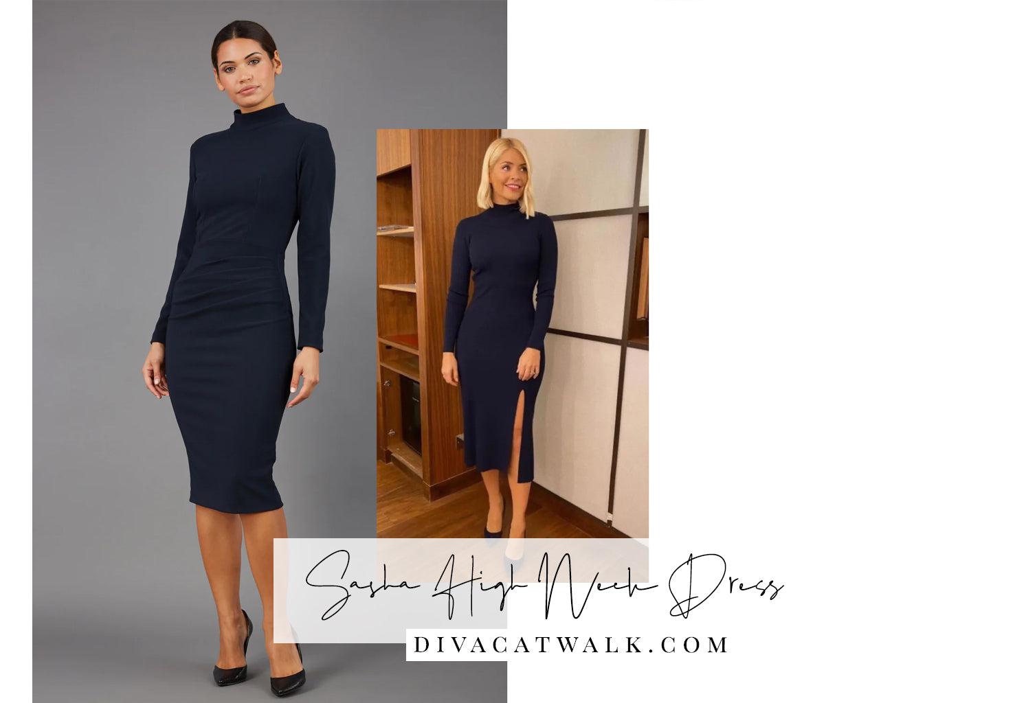  holly willoughby pictured in an black dress with a high neck, with an attached image of a similar dress available from Diva Catwalk called Sasha High Neck.