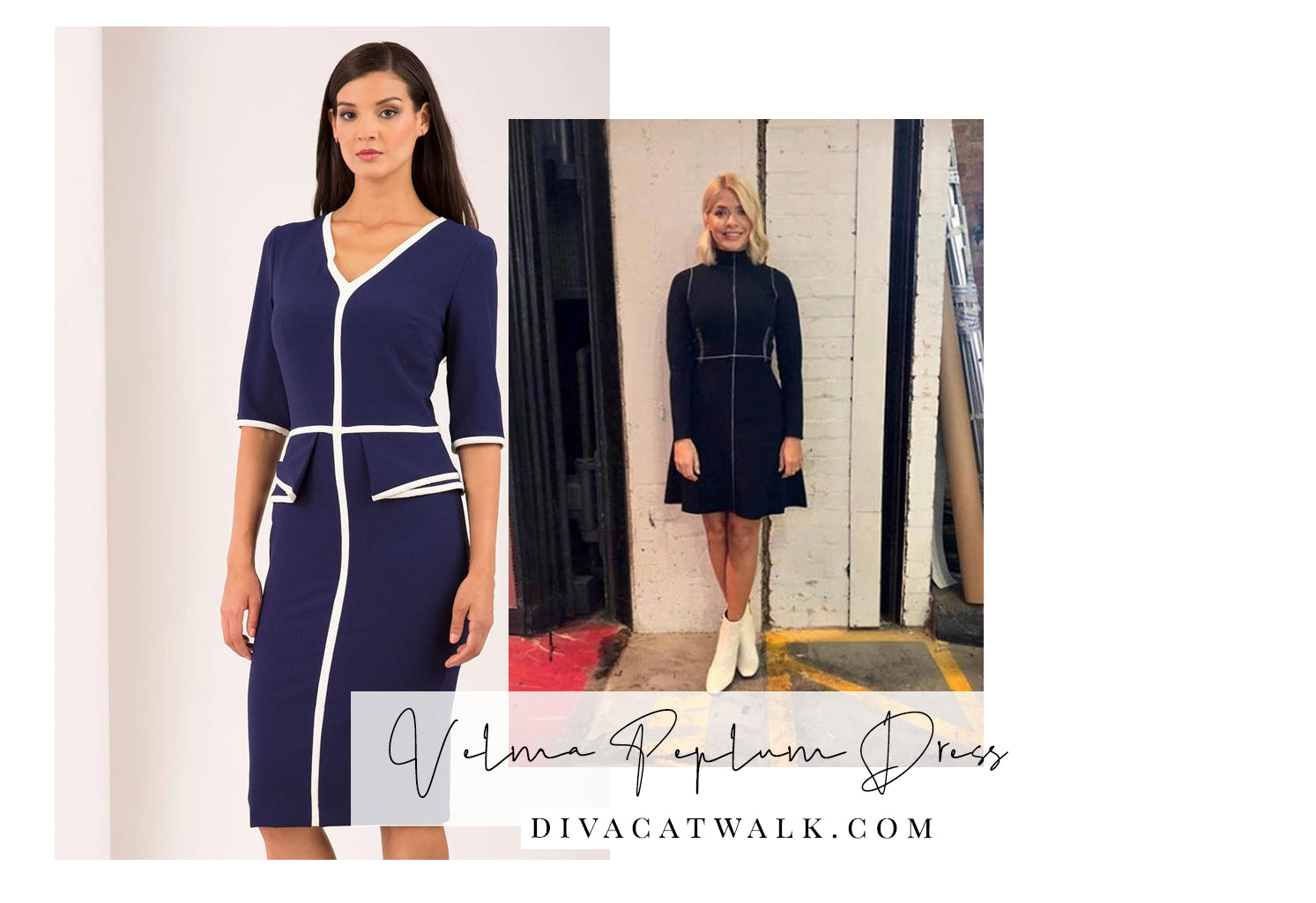  holly willoughby pictured in an navy dress with white piping, with an attached image of a similar dress available from Diva Catwalk.