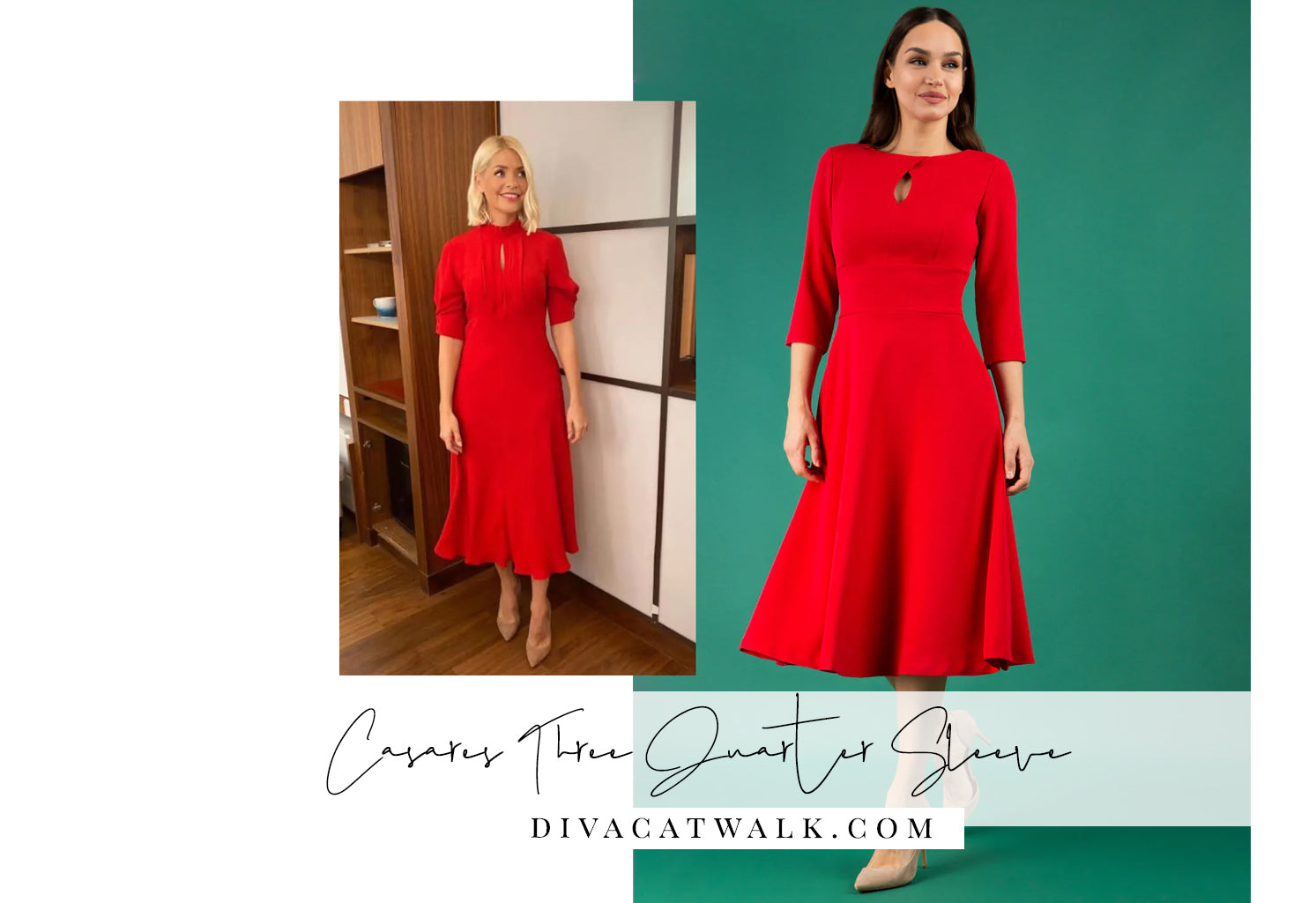  holly willoughby pictured in an red swing dress, with an attached image of a similar dress available from Diva Catwalk called Casares.