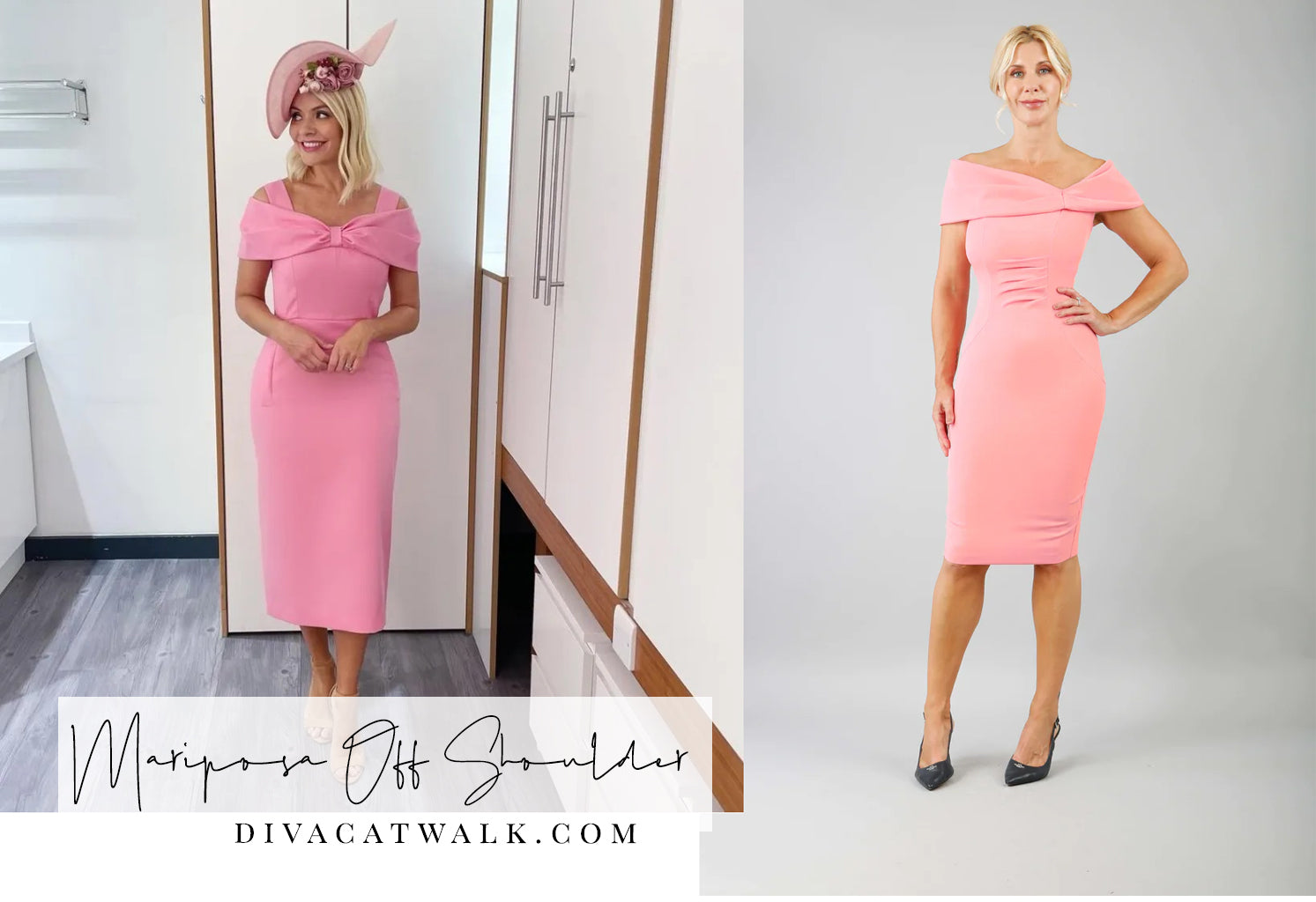Holly Willoughby pictured wearing a pink, off-shoulder, dress. To the side is a screenshot of our Mariposa Off Shoulder dress.