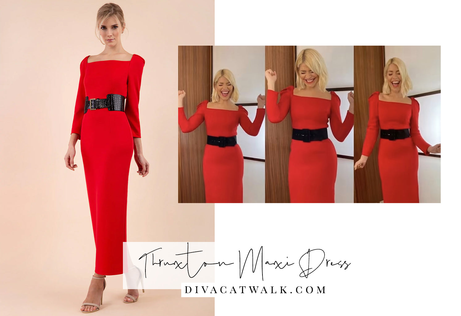  holly willoughby pictured in a red maxi dress with black belt, with an attached image of a similar dress available from Diva Catwalk called Thurxton.