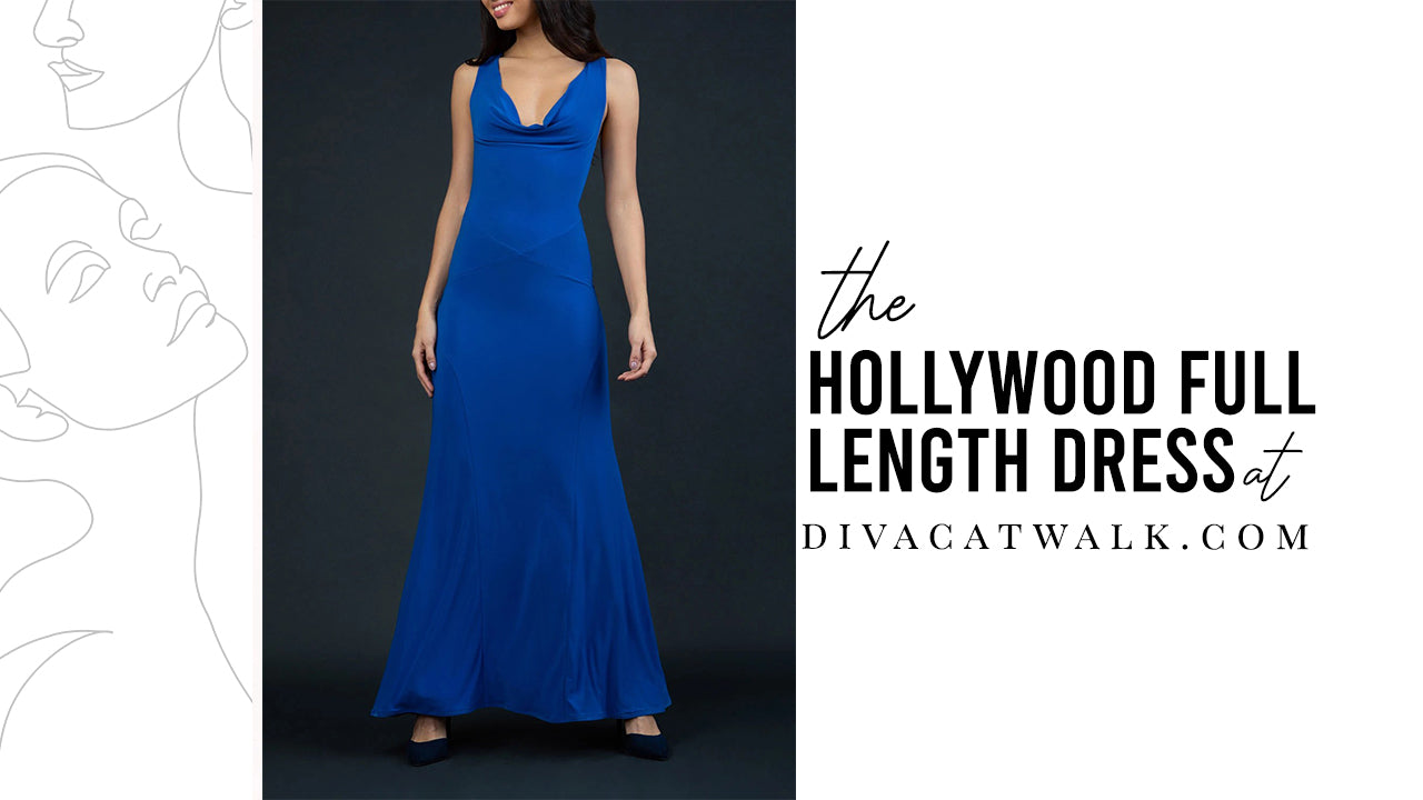 woman pictured wearing the Hollywood Full Length Dress from Diva Catwalk.