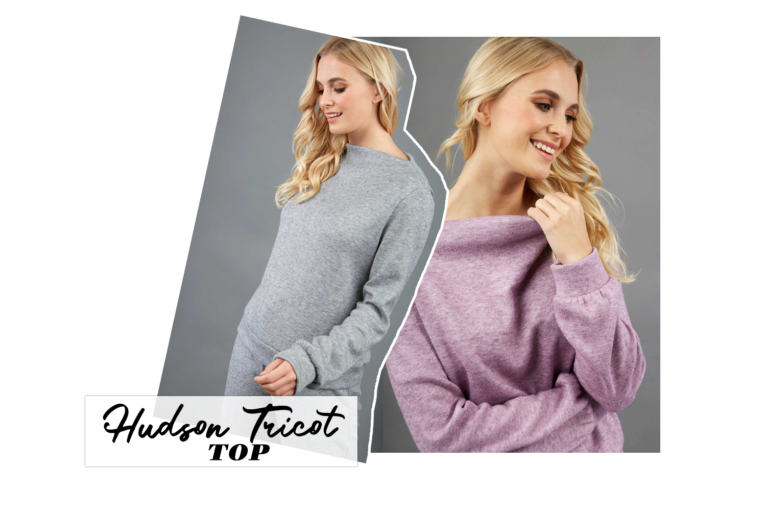 two images combined into one edit, of a model wearing the hudson tricot tops in grey and lavender.