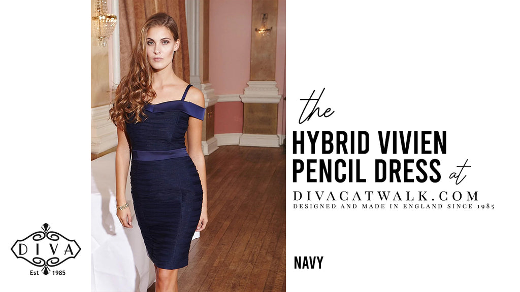 a woman model pictured wearing the Hybrid Vivien Pencil dress with text showing the dress title.