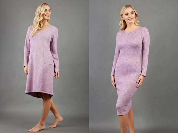  two website images side by side, showcasing a model wearing the Irena dress and Elstar Tricot Pencil Dress