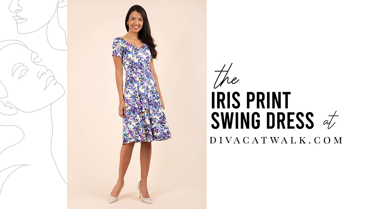  a woman model pictured wearing the Iris dress in Kew Print with text showing the dress title.