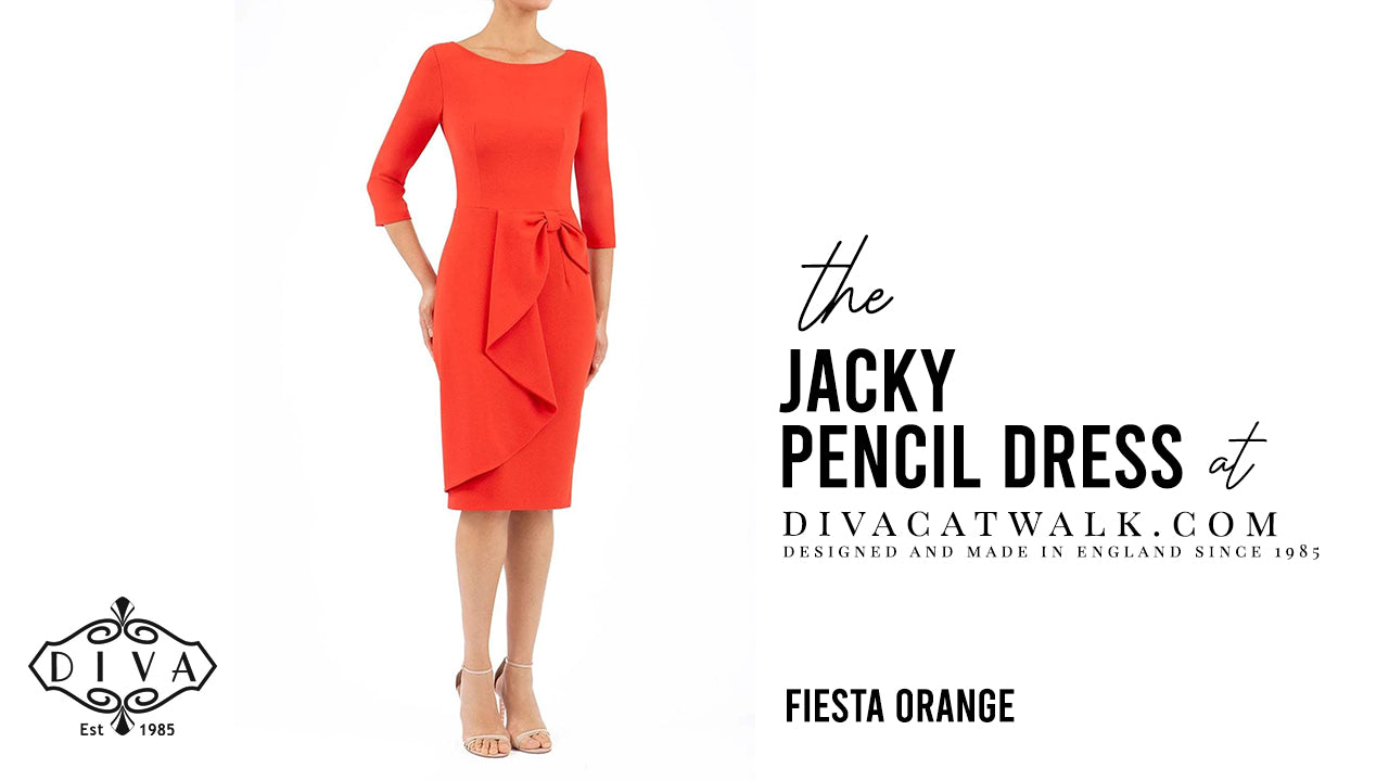  a woman model pictured wearing the Jacky pencil dress with text showing the dress title.