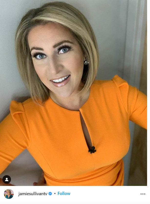 jamie sullivantv wearing orange dress instagram grid post