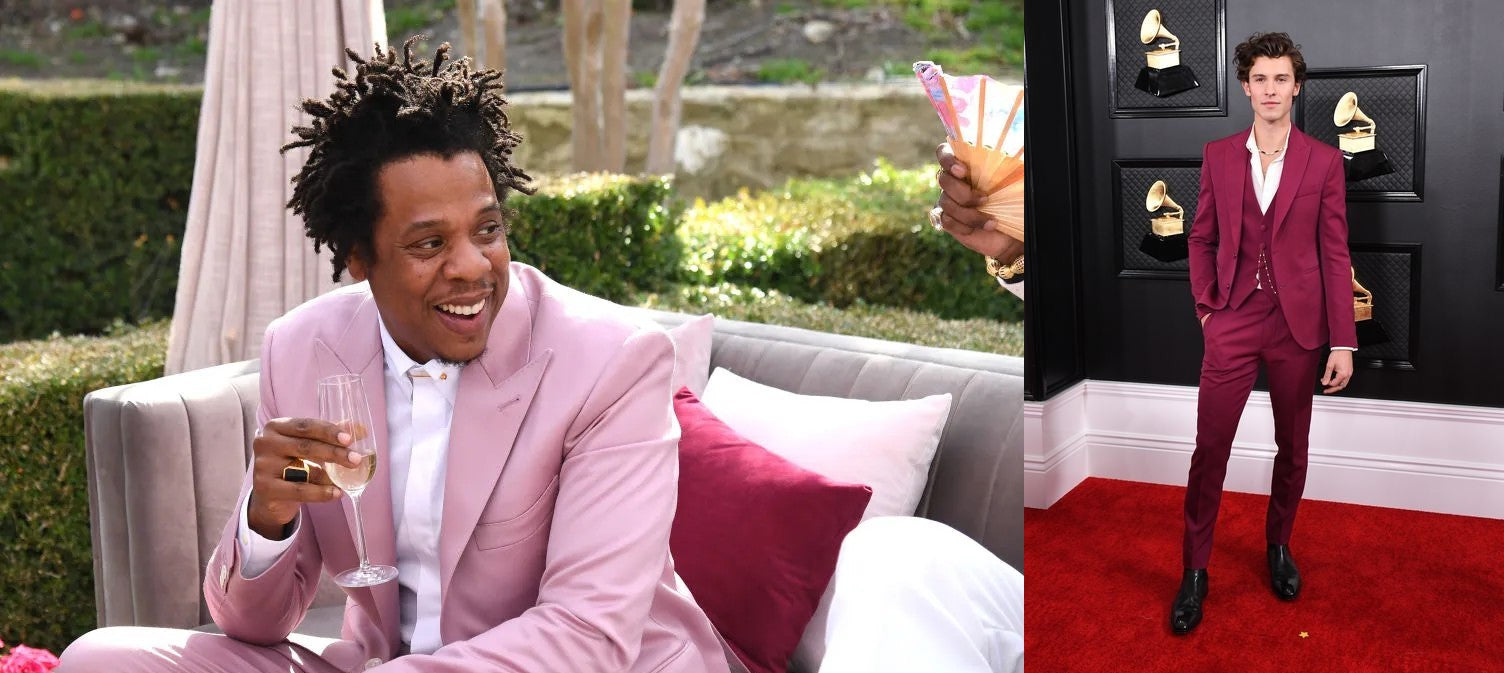 a photo of two photos combined - jay-z and shawn mendes wearing their choice of pink suits.