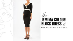 The Jemima Colour Block dress, in black, with text describing the dress at the side.
