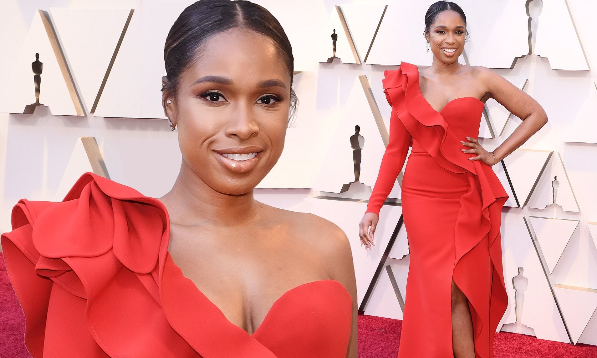 jennifer hudson pictured at a premiere wearing a stunning red one-shouldered dress.