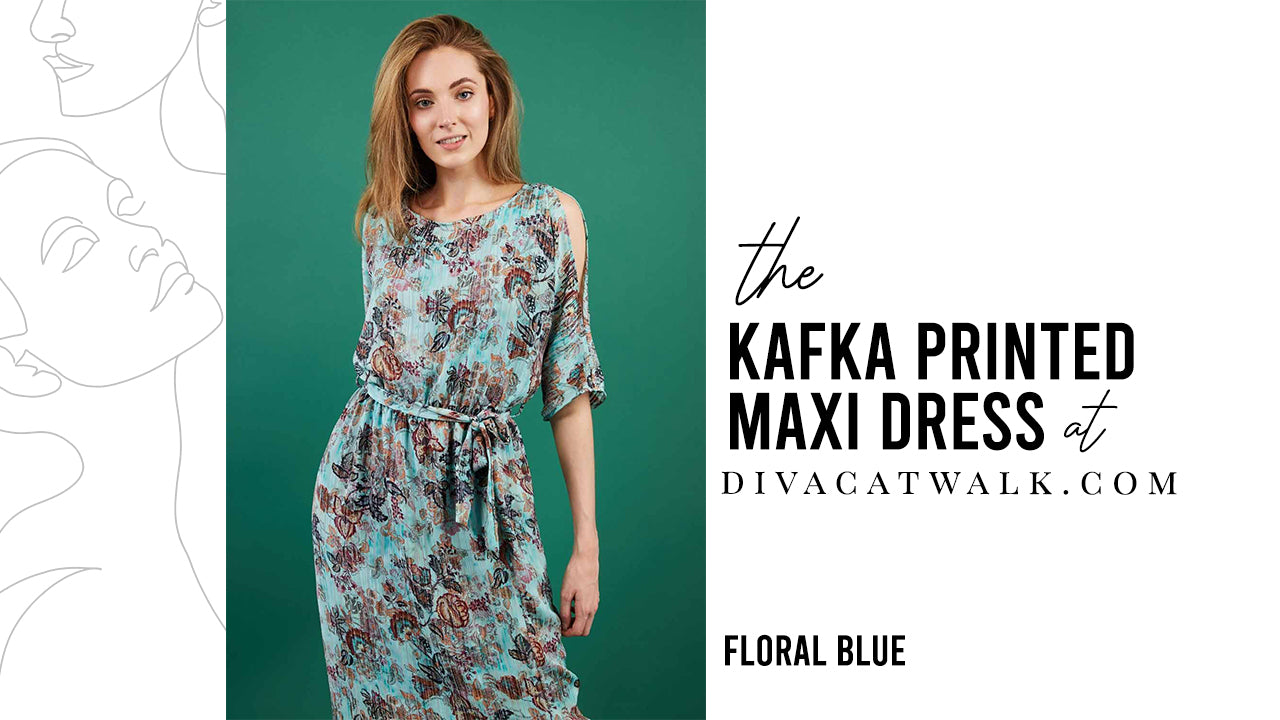  a woman model pictured wearing the Kafka Printed Maxi dress with text showing the dress title.