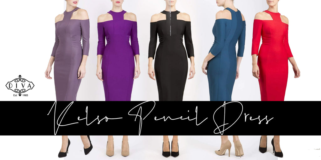 a collage image of all the available Kelso Pencil dresses available from Diva Catwalk.com