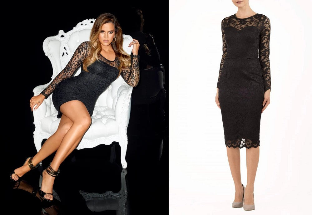 Pictured is Khloe wearing a black lace Lipsy dress - attached is Diva Catwalk's Montana Lace Dress in Black.