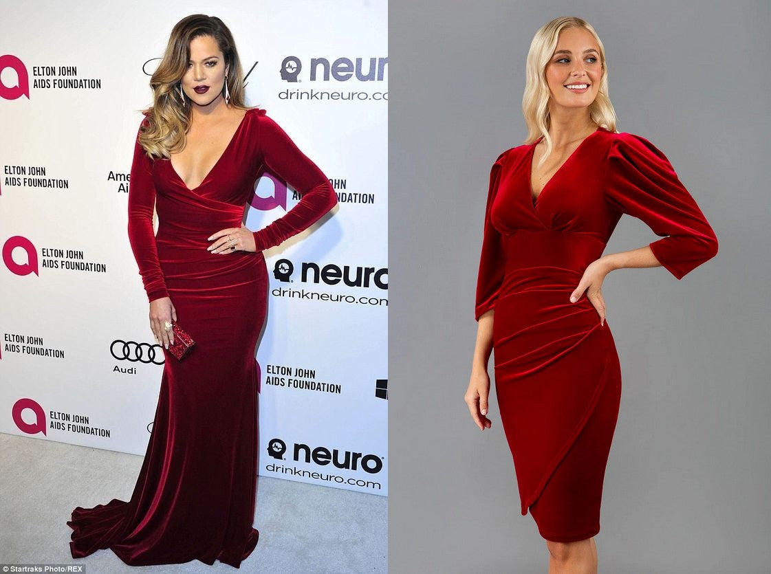 Khloe pictured in a long red velvet dress at the Oscar Party - with attached image showing Diva Catwalk's Red Velvet Marianne DRESS.