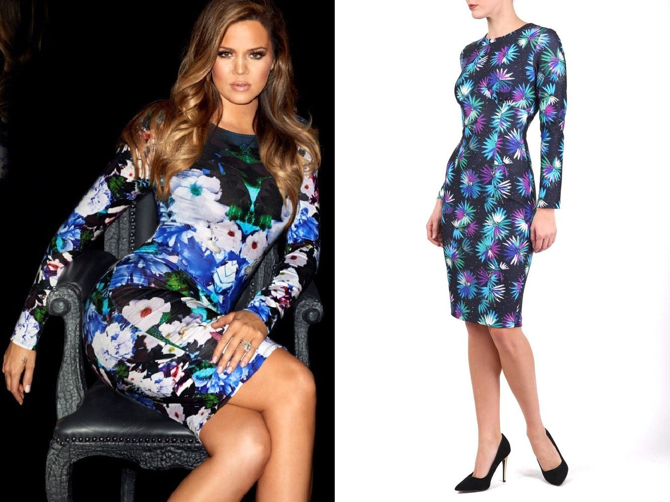 Khloe Kardashian pictured wearing a long sleeved, short, pencil dress with floral print - attached image to the right shows Diva Catwalk's Milford Print Dress.