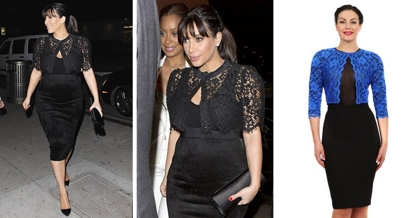 Pictured is Kim Kardashian wearing a black bolero lace jacket - attached is Diva Catwalk's bright cobalt blue Ursula Bolero.